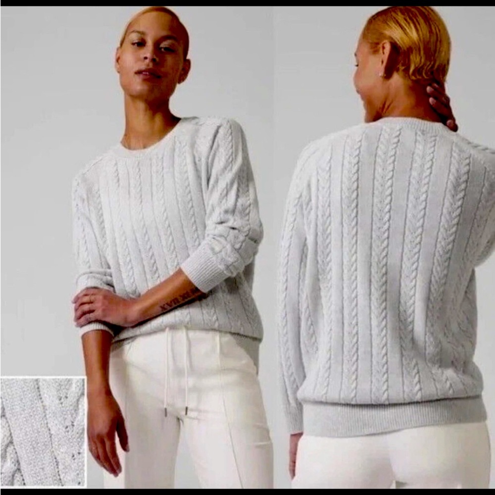 Athleta Crossroads Crewneck Sparkle Metallic Cable Knit Silver/Cream Sweater, L